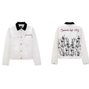 Zara NWT RARE white jean jacket Summer High Vibes black collar embroidered M